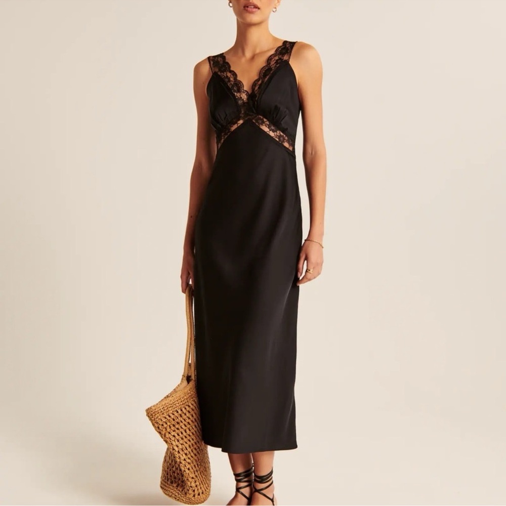 Abercrombie & Fitch Black Lace-Trim Satin Dress
